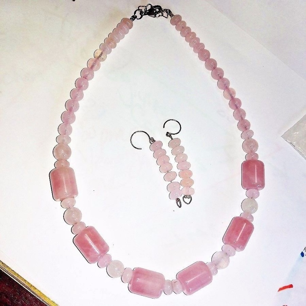 Genuine Light Rose Quartz & Silver Necklace more